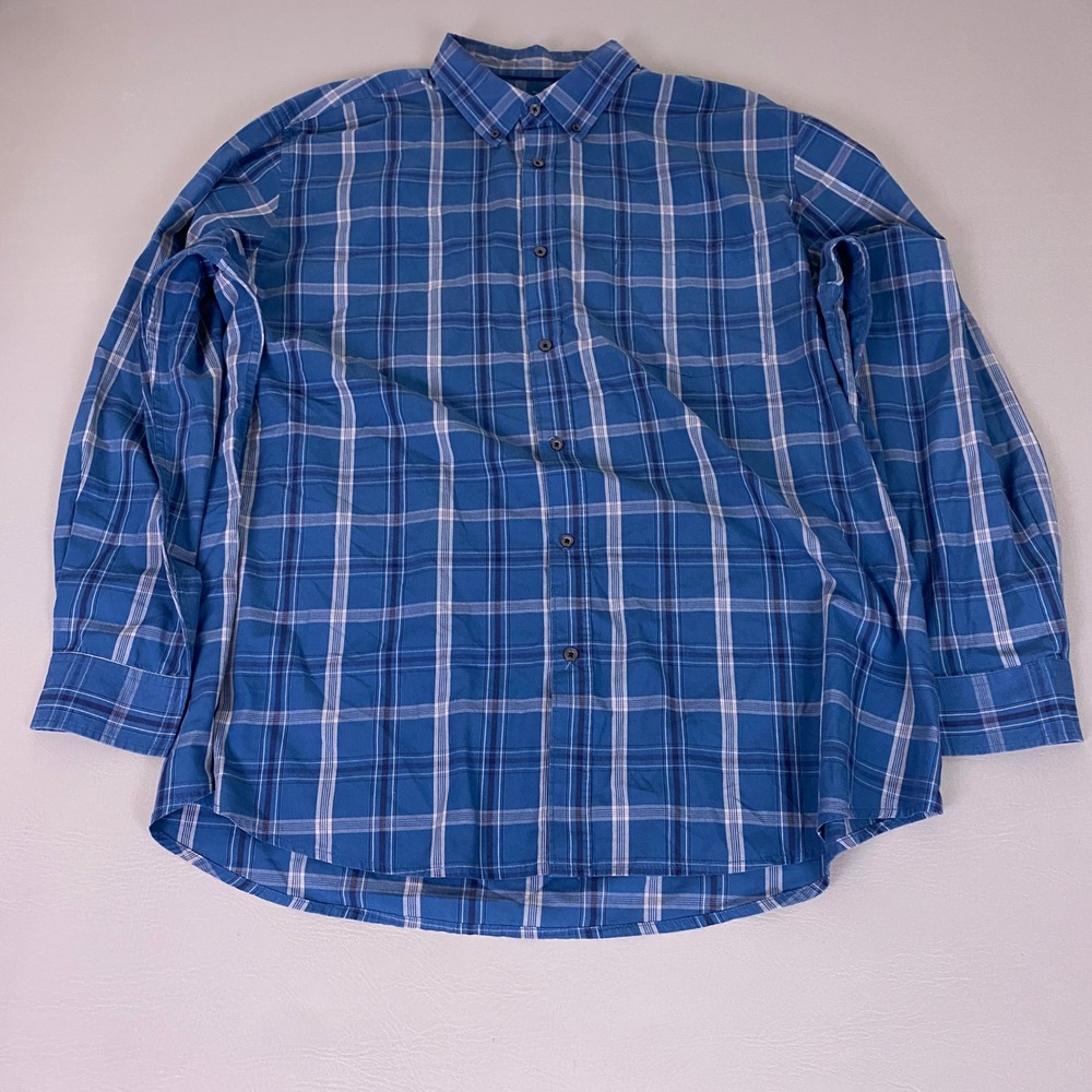 Basic Editions Shirt Button Down Mens Size 2XLT Blue Plaid Long Sleeve Easy Care